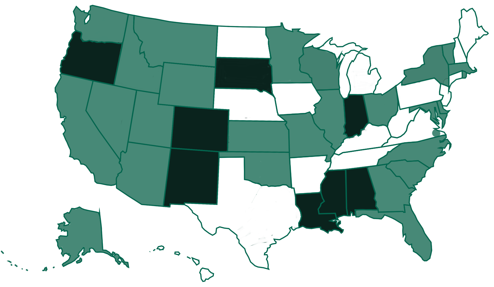 NLS network libraries use KLAS to provide service in 34 states plus the Virginia Beach area. Of these, 14 libraries are self-hosted and 23 are Keystone-hosted (some states have multiple network libraries). Dark green indicates self-hosted installations, while states in light green are Keystone-hosted.